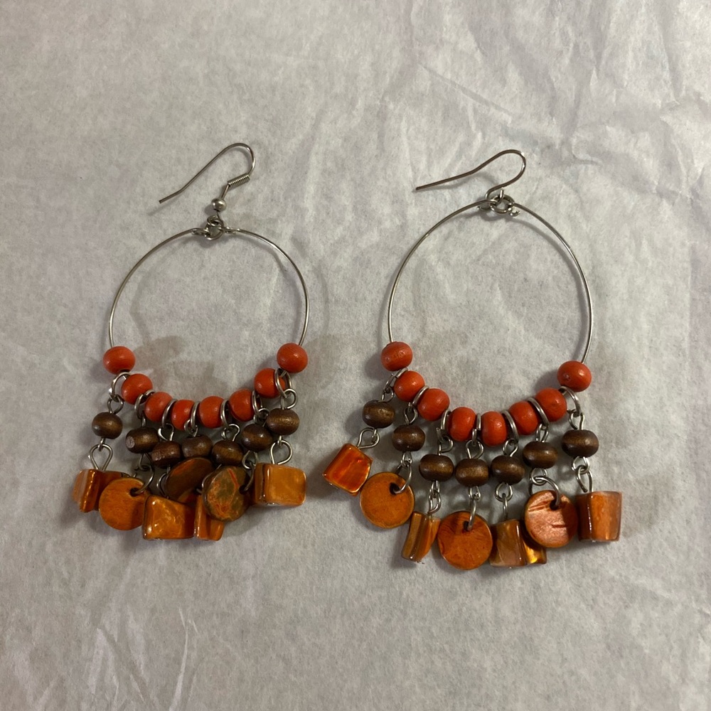 Orange and brown hoop dangle earrings